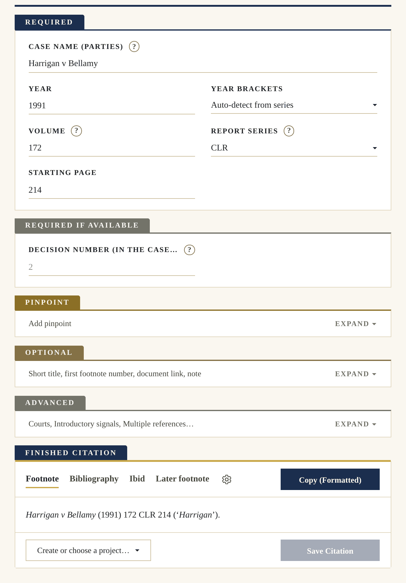 The whole Pincite generator for a reported case: the Required plate filled in, then the Pinpoint, Optional and Advanced plates, and at the foot the finished citation with its Footnote, Bibliography, Ibid and Later footnote tabs.
