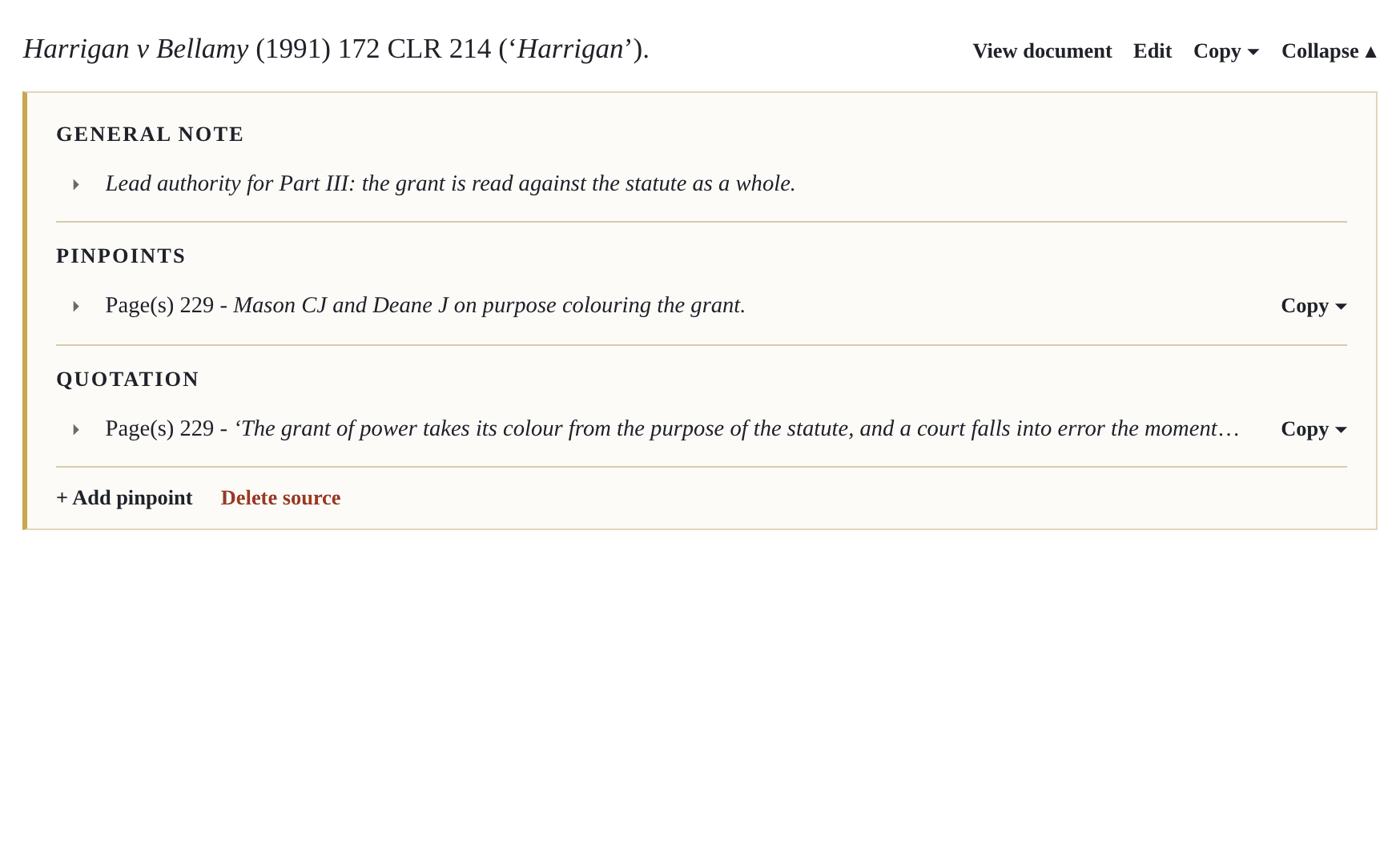 One saved case opened in a Pincite project: a general note on the source, a page pinpoint with its own note, and a quotation from the same page, each filed under the case.
